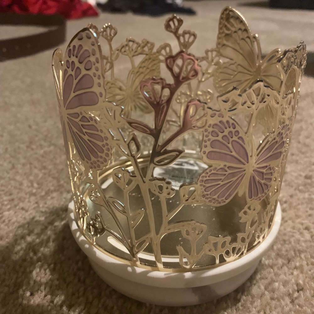 Bath & Body Works Candle Holder Sleeve Butterfly Marble Base Butterflies Gold
